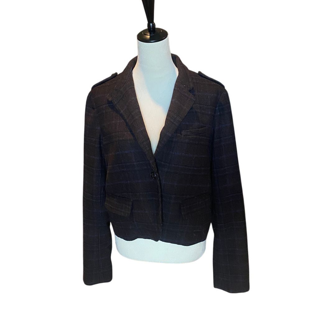 Designer Plaid Cropped Blazer Military Style Single Button Wool Blend Jacket
XL